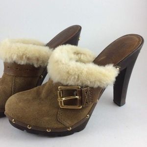 MK Shearling Suede High Heel Clogs Mules